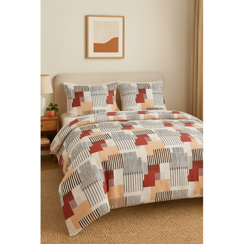Urban Grid Geometric Bedsheet Set  Maroon, Beige & Grey Abstract Design  Double Bed Bedsheet with Pillow Covers