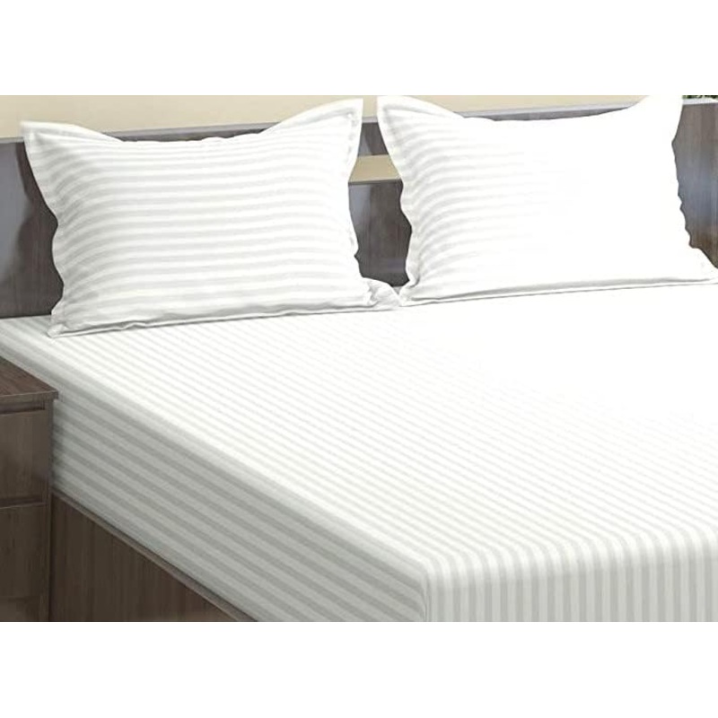 White Elegance Bedsheet Set  Premium Cotton Feel with Subtle Satin Stripes  Double Bed Size