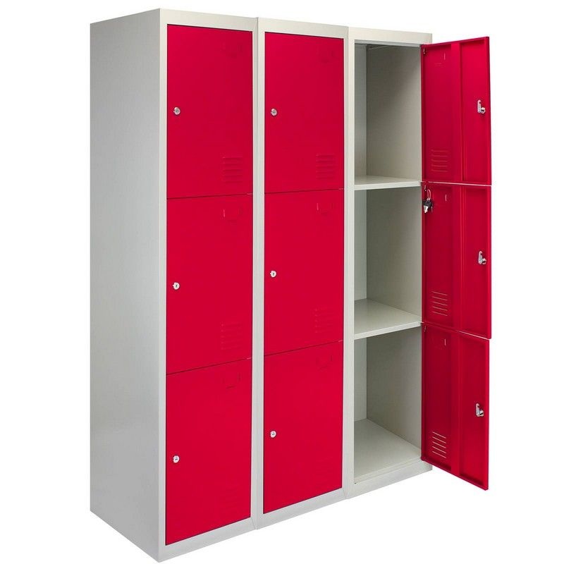 Steel Lockers 9 Compartments 180cm – Grey & Red Set Of Three Flatpack by Raven