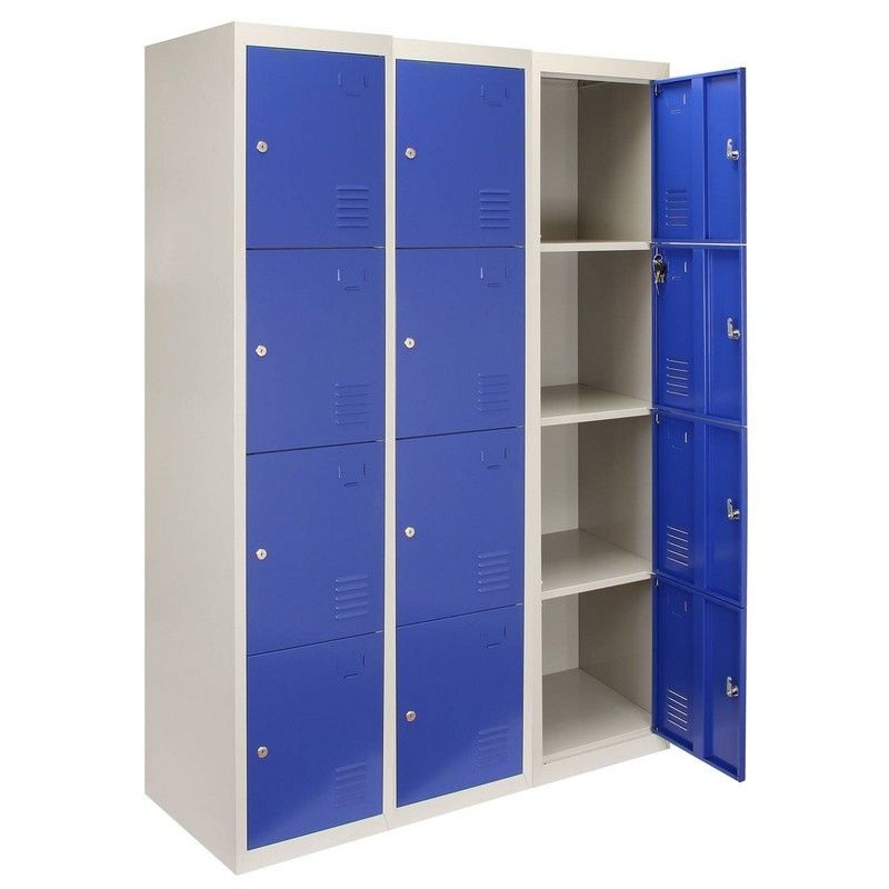 Steel Lockers 12 Compartments 180cm – Grey & Blue Set Of Three Flatpack by Raven