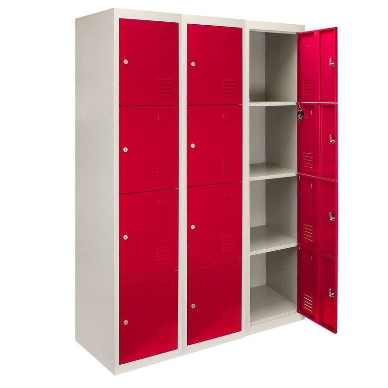 Steel Lockers 12 Compartments 180cm – Grey & Red Set Of Three Flatpack by Raven