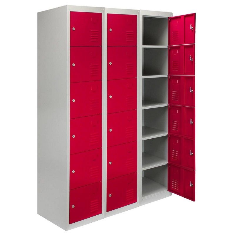 Steel Lockers 18 Compartments 180cm – Grey & Red Set Of Three Flatpack by Raven