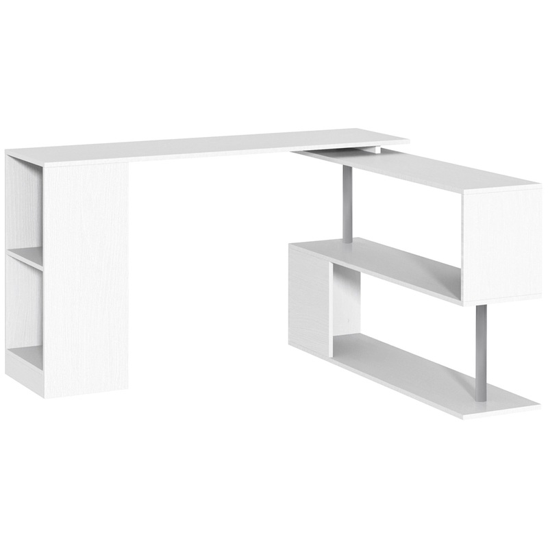 360 Degree Rotating Corner Desk Storage Shelf Combo Laptop Workstation Wood L Shaped Table Home Office – White