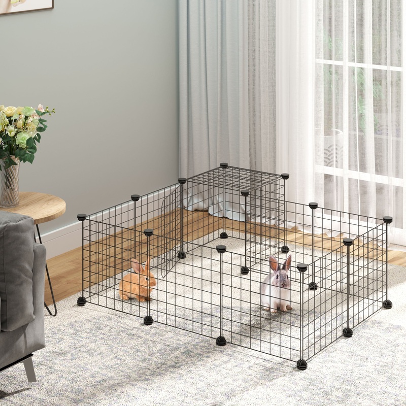 PawHut Pet Playpen w/ Door Customisable Fence for Guinea Pigs Chinchillas Hedgehogs – Black