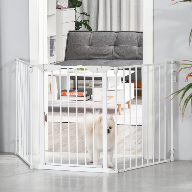 PawHut Pet Safety Gate 3-Panel Playpen Fireplace Christmas Tree Metal Fence Stair Barrier Room Divider with Walk Through Door Automatically Close Lock Black