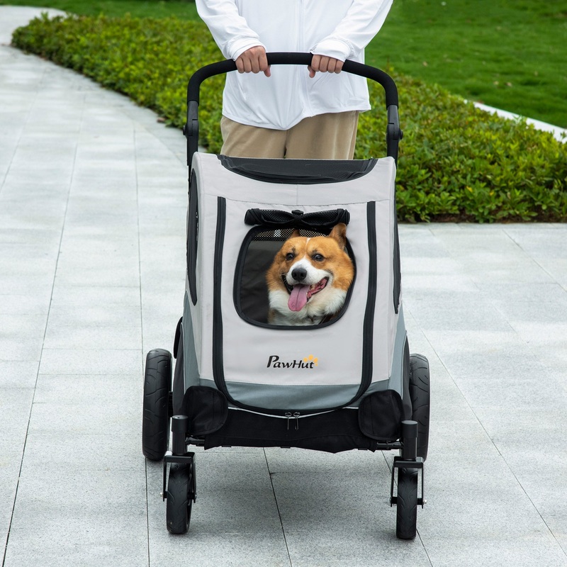 PawHut Pet Stroller for Medium Dogs Cat Pushchair Buggy Pram with 4 Wheels Safety Leash Zipper Doors Mesh Windows Storage Bag – Grey