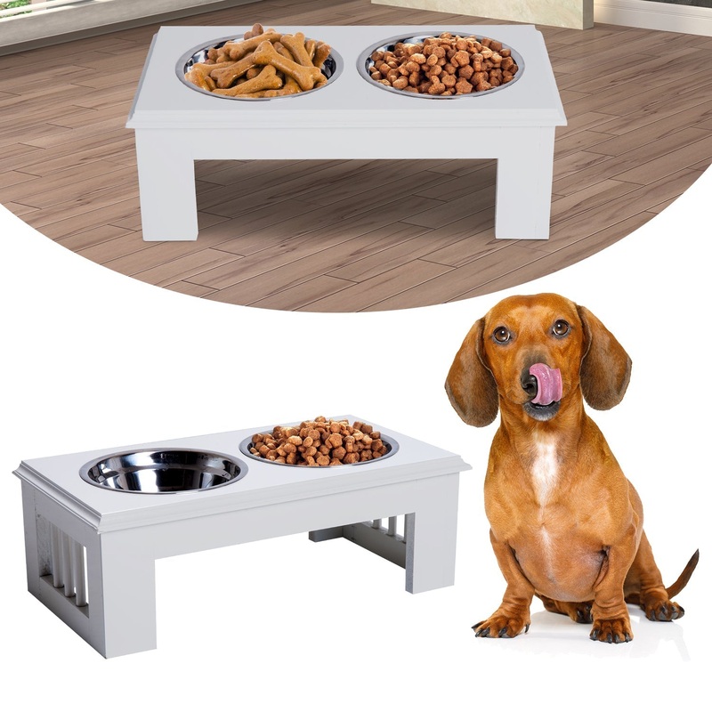 PawHut Stainless Steel Raised Dog Feeding Bowls with Stand Elevated Twin Pet Bowls Water Food Feeder 43.7L x 24W x 15H cm – White