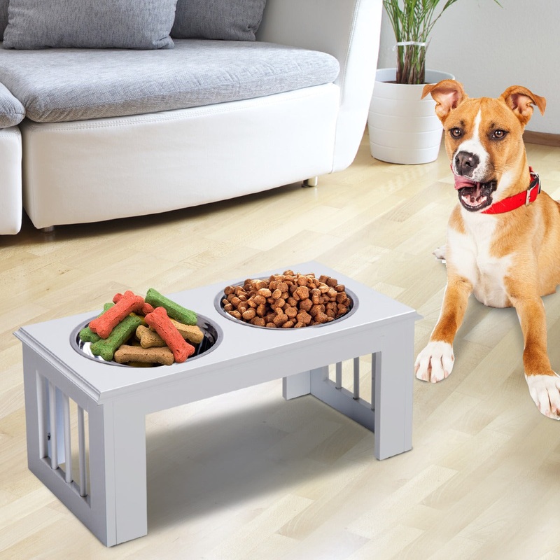 PawHut Stainless Steel Raised Dog Feeding Bowls with Stand for Small Medium Dogs Elevated Twin Pet Bowls Water Food Feeder 58.4L x 30.5W x 25.4H cm – Brown