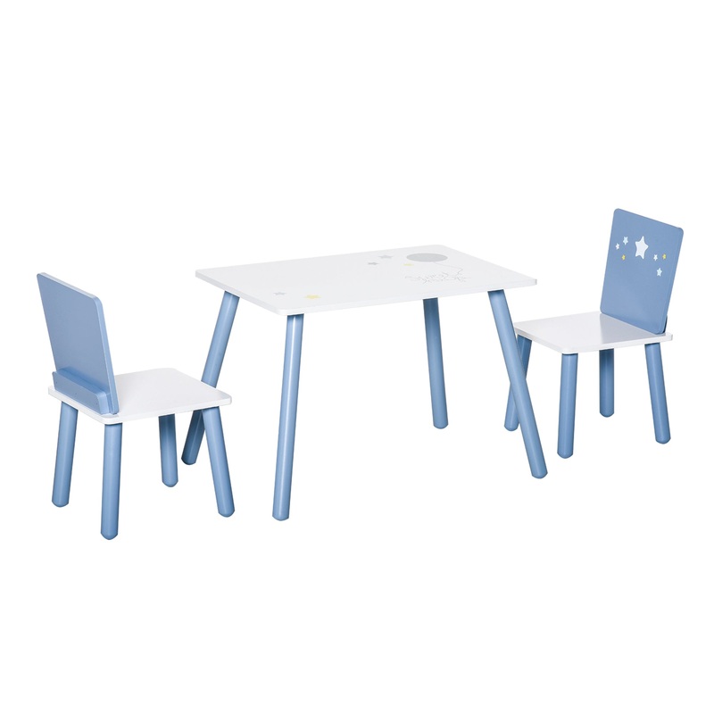 3-Piece Kids Table & Chairs Set w/ Wood Legs Safe Corners Cute Stars Seating Mini Furniture Home Playroom Bedroom Dining Room Blue