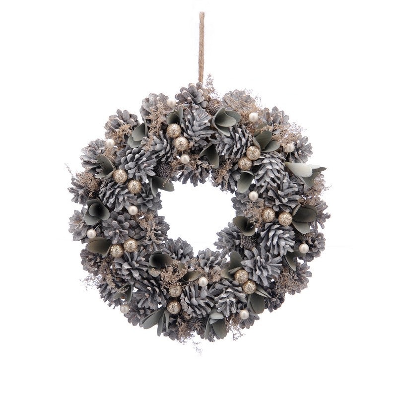 Wreath Christmas Decoration Green & Gold with Frosted Pattern – 36cm