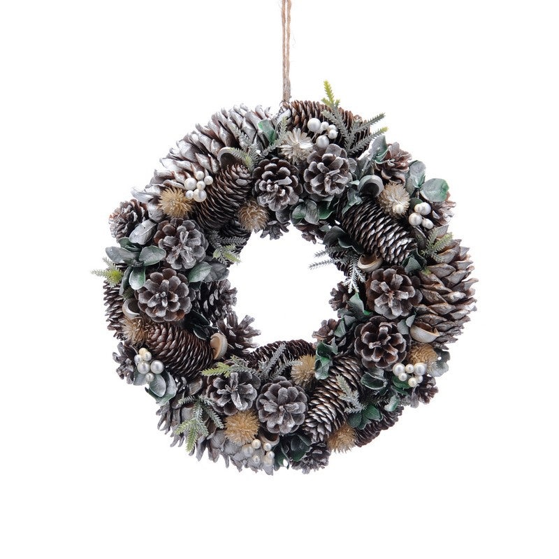 Wreath Christmas Decoration Green & White with Frosted Pattern – 36cm