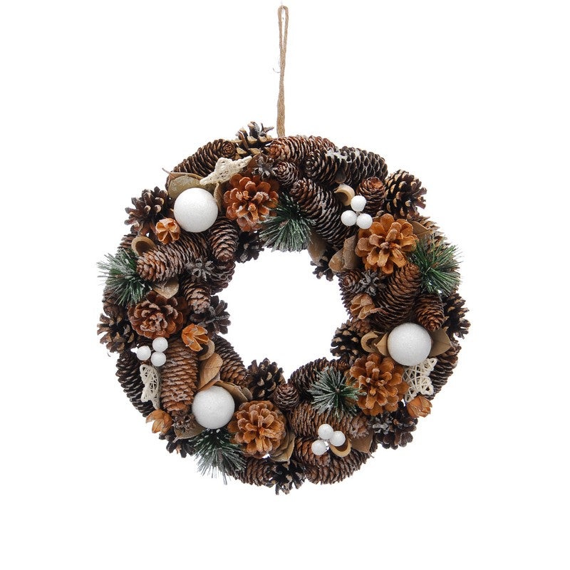 Wreath Christmas Decoration Green & White with Pinecones & Berries Pattern – 36cm