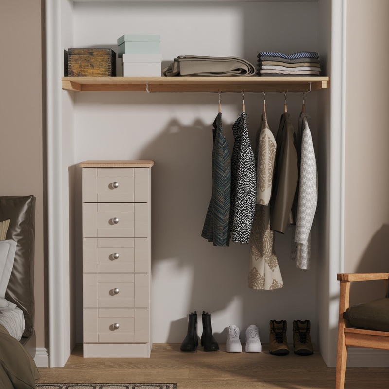 Sussex Bedside Table Off-white & Light Oak 5 Drawers 40cm