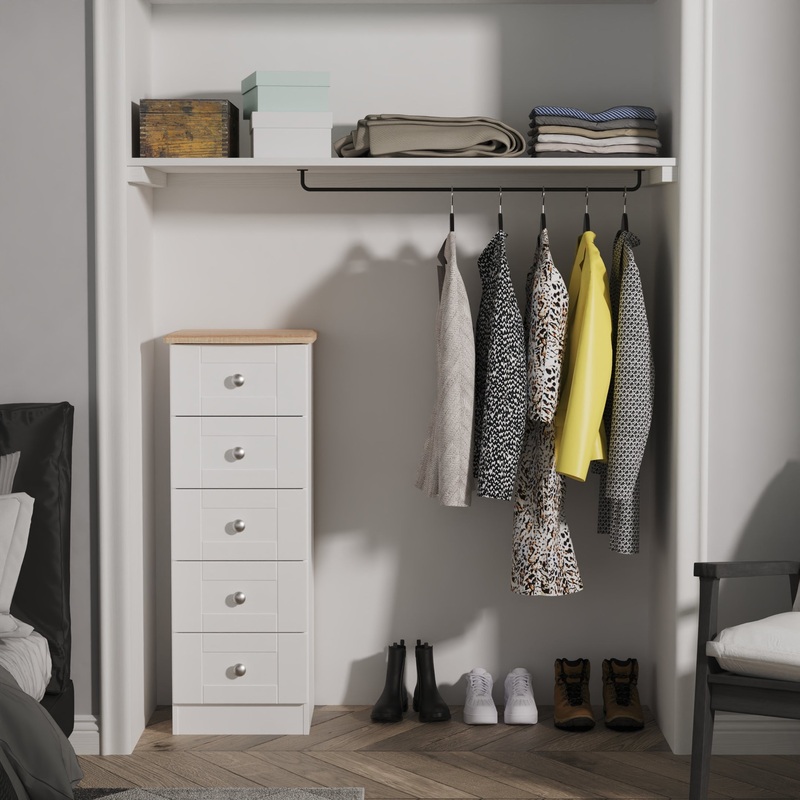 Sussex Bedside Table White & Light Oak 5 Drawers 40cm
