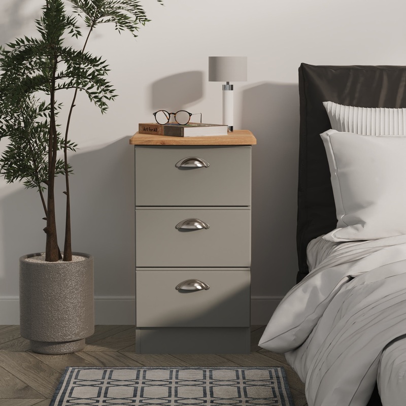 Victoria Bedside Table Grey & Light Oak 3 Drawers 40cm