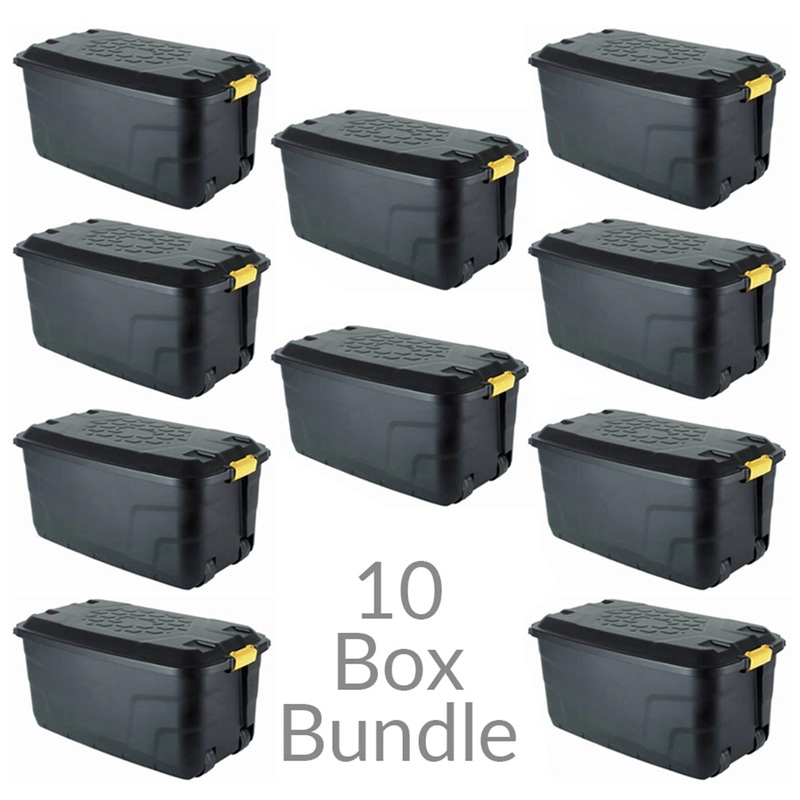 10 x Plastic Storage Box 145 Litres Extra Large – Black Heavy Duty by Strata