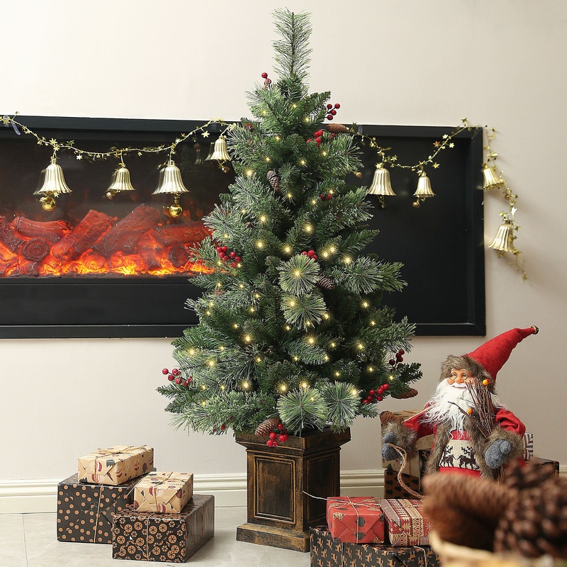 4ft Potted Christmas Tree Artificial – Dark Green with LED Lights Warm White 230 Tips