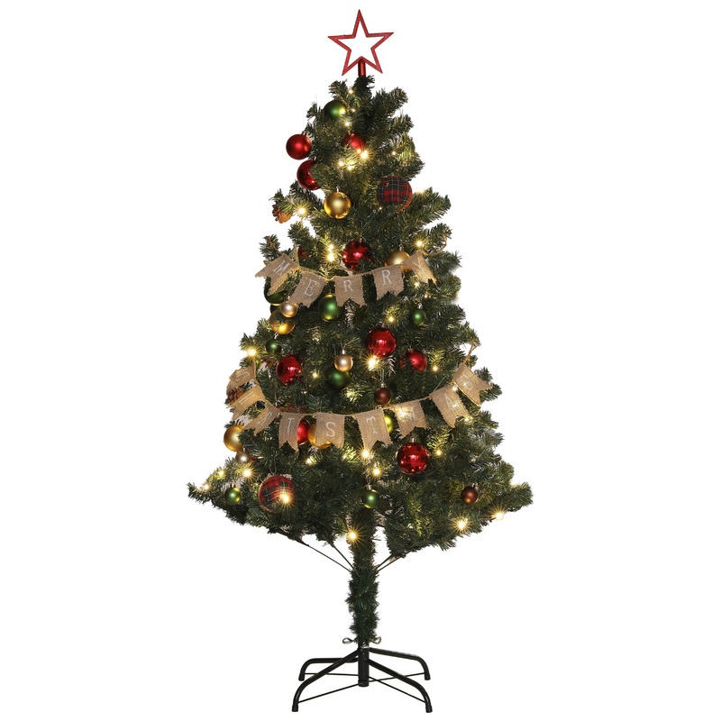 5ft Decorated Christmas Tree Artificial – Dark Green with LED Lights Warm White 353 Tips