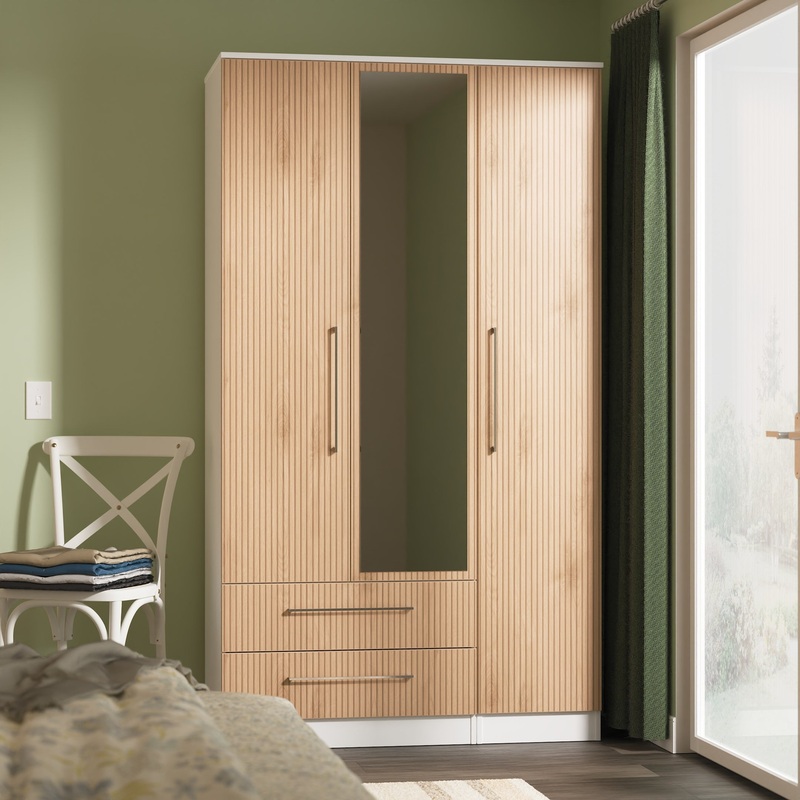 Worcester Tall Mirror Wardrobe White & Light Oak 2 Drawers 111cm