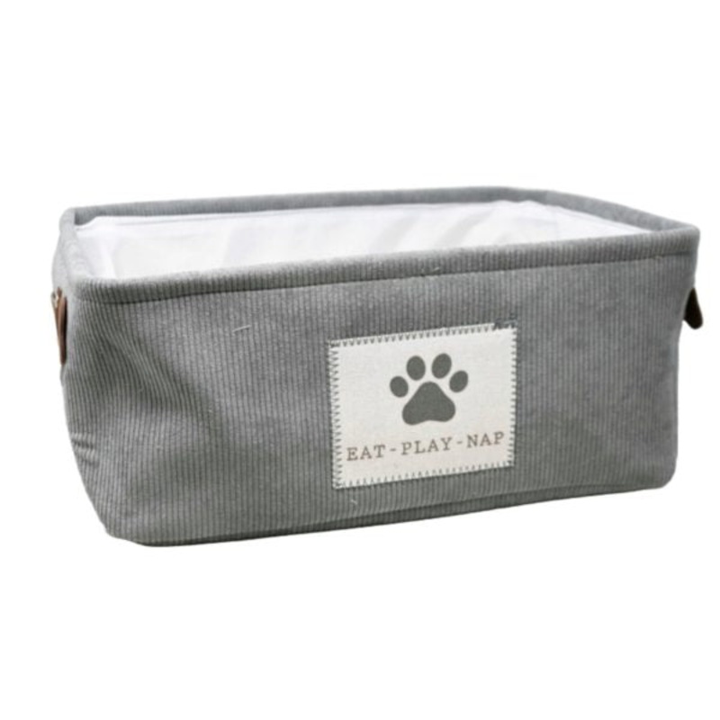 16×12 Grey Corduroy Rectangular Pet Storage Bin with Paw Print Patch